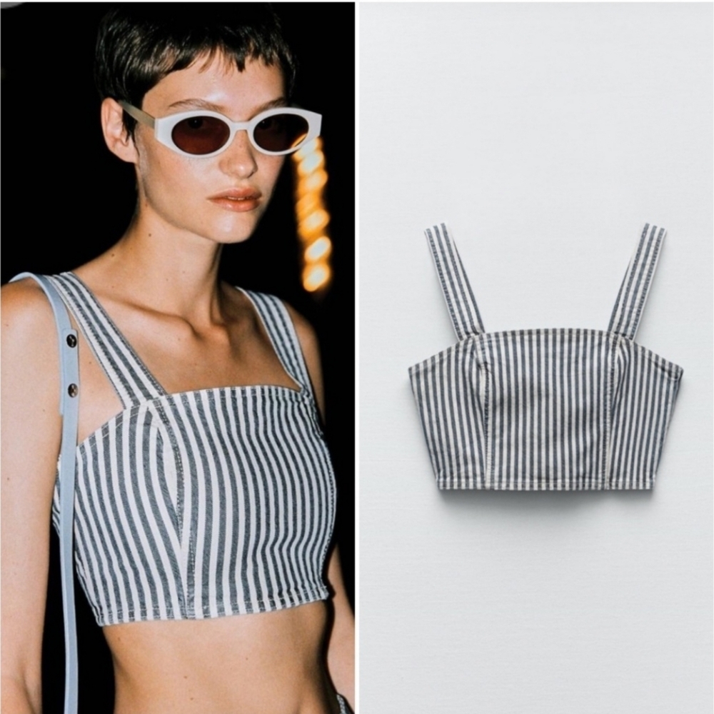 ZARA Thick Strap Striped Denim Crop Top